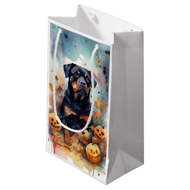 Sacola Para Presentes Pequena Halloween Rottweiler Com Pumpkins Assustado (Frente inclinada)