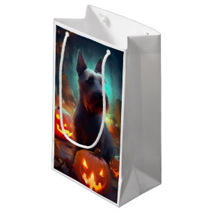 Sacola Para Presentes Pequena Halloween Scottish Terrier with Pumpkins Scary