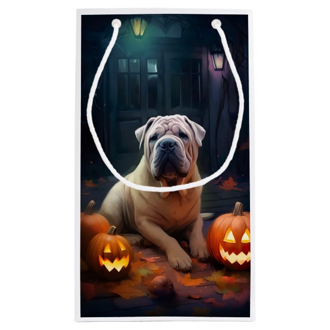 Sacola Para Presentes Pequena Halloween Shar Pei Com Pumpkins Assustado (Verso)