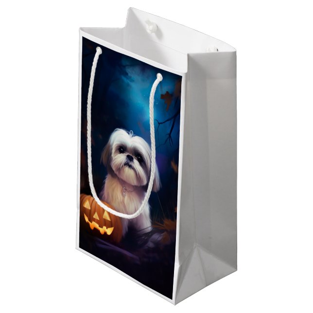 Sacola Para Presentes Pequena Halloween Shih Tzu Com Pumpkins Assustado (Frente inclinada)