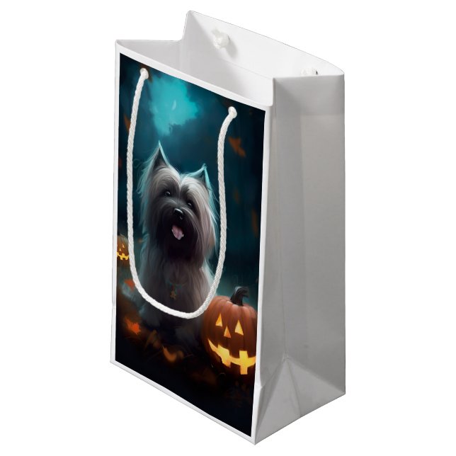 Sacola Para Presentes Pequena Halloween Skye Terrier Com Pumpkins Assustado (Frente inclinada)