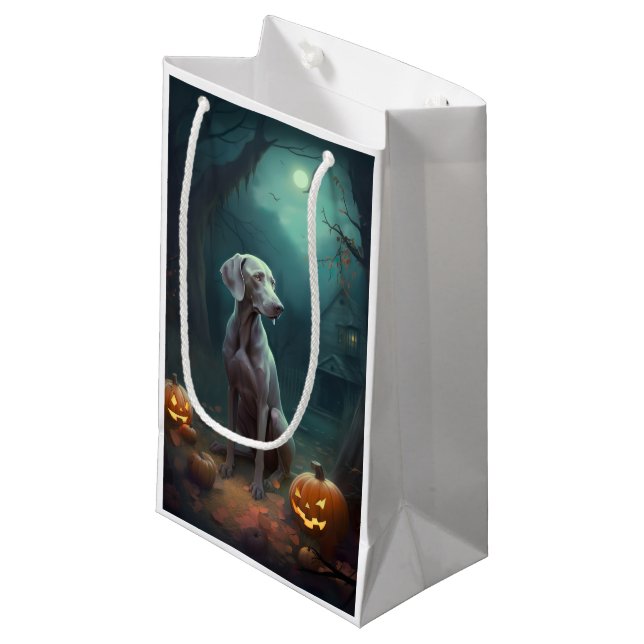 Sacola Para Presentes Pequena Halloween Weimaraner Com Pumpkins Assustado (Frente inclinada)