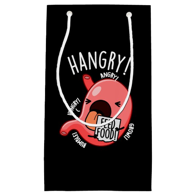 Sacola Para Presentes Pequena Hangry Funny Stomach Pun Dark BG (Frente)