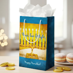 Sacola Para Presentes Pequena Hanukkah Menorah, Dourado amarelo, "Peace Love & L