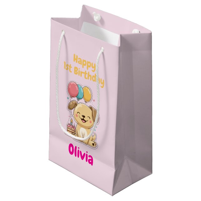 Sacola Para Presentes Pequena Happy 1st Birthday Gift Wrap, Custom Puppy  (Frente inclinada)