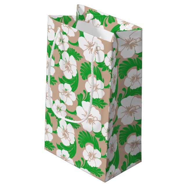 Sacola Para Presentes Pequena Hibiscus Floral do Havaí Tropical Khaki Beige (Verso inclinado)
