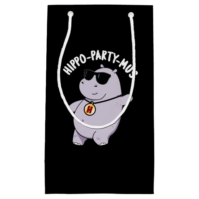 Sacola Para Presentes Pequena Hippo-party-mus Funny Animal Hippo Pun Dark BG (Frente)