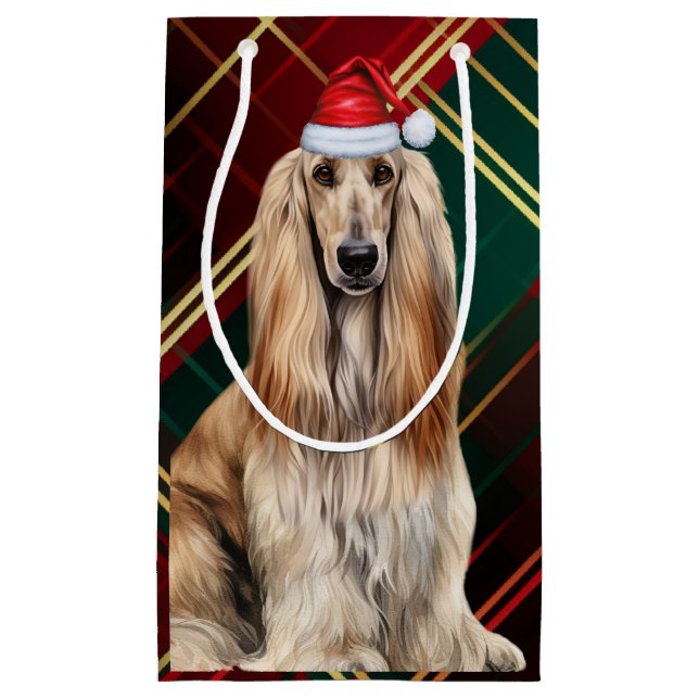 Sacola Para Presentes Pequena Holiday Afghan Hound Dog Holiday Plaid Christmas (Frente)