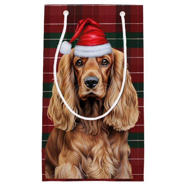 Sacola Para Presentes Pequena Holiday Plaid Cocker Spaniel Christmas Dog  (Frente)