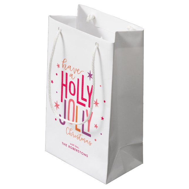 Sacola Para Presentes Pequena "Holly Jolly", Natal personalizado (Verso inclinado)