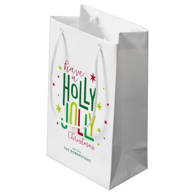 Sacola Para Presentes Pequena "Holly Jolly", Natal personalizado (Verso inclinado)