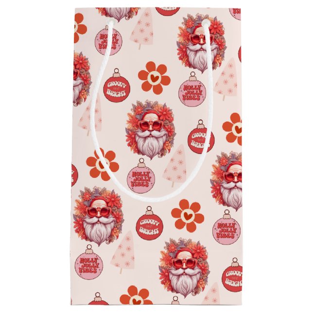 Sacola Para Presentes Pequena Holly Jolly Santa Vibes Pink Retro Holiday (Frente)