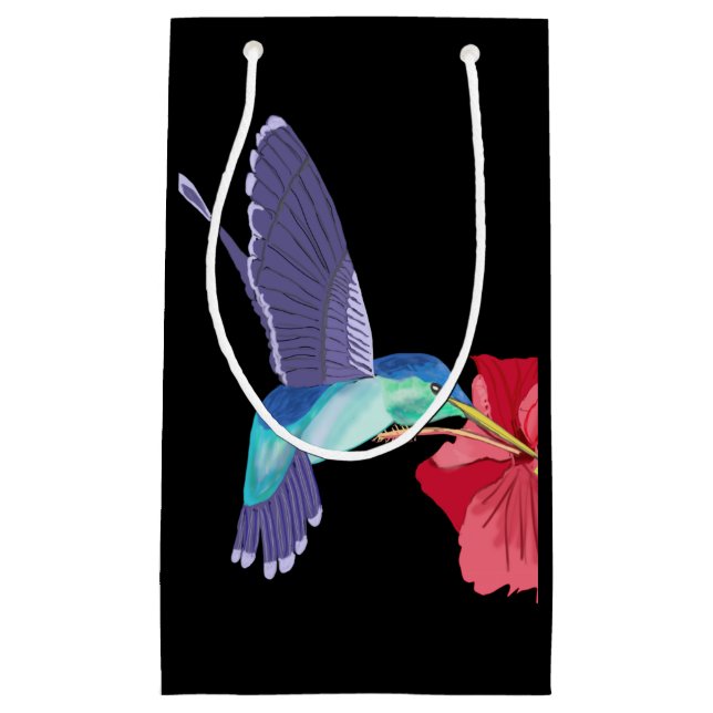 Sacola Para Presentes Pequena Hummingbird azul e verde e Hibiscus vermelho (Frente)