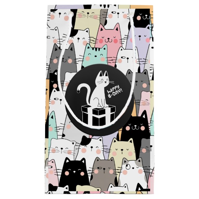 Sacola Para Presentes Pequena Ilustração Sem Costura Cats Aniversário (Frente)
