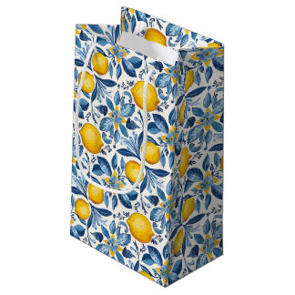 Sacola Para Presentes Pequena Impressão Botânica de Limão Azul e Amarelo de Verã