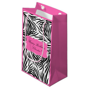 Sacola Para Presentes Pequena Impressão em Zebra Negra e Branca com Aniversário