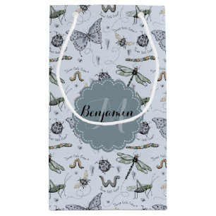 Sacola Para Presentes Pequena Insetos de Bebê Azul Pastel Moles Boho Crianças e