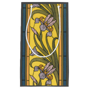 Sacola Para Presentes Pequena Iris Flor Art Nouveau Vitral Azul Dourado