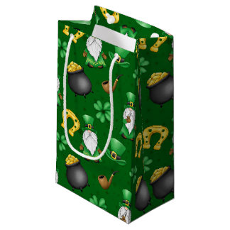 SACOLA PARA PRESENTES PEQUENA IRLANDÊS GNOMES SHAMROCKS CAVALHEIROS POTES DOURAD