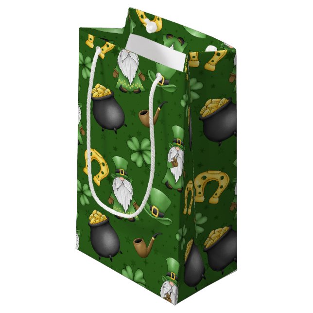 SACOLA PARA PRESENTES PEQUENA IRLANDÊS GNOMES SHAMROCKS CAVALHEIROS POTES DOURAD (Frente inclinada)