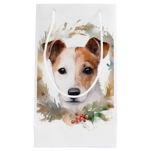 Sacola Para Presentes Pequena Jack Russell Christmas Wreath Festivo Pup (Frente)