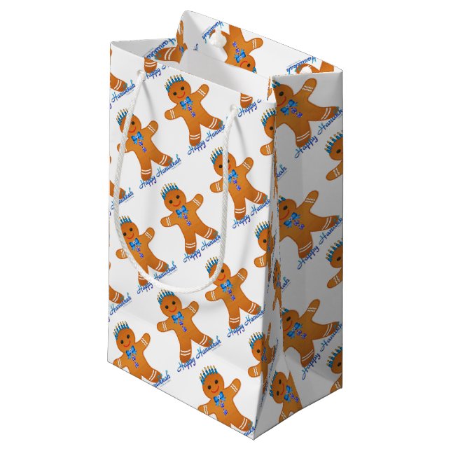 Sacola Para Presentes Pequena Judaica Hanukkah Gingerpão Man Menorah (Frente inclinada)