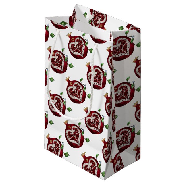 Sacola Para Presentes Pequena Judaica Pomegranate Heart Hanukkah Rosh Hashanah (Frente inclinada)