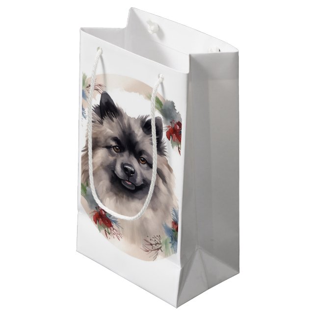 Sacola Para Presentes Pequena Keeshond Christmas Wreath Festivo Pup (Frente inclinada)