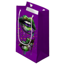 SACOLA PARA PRESENTES PEQUENA LÁBIOS MARDI GRAS NO VERDE DOURADO PURPER