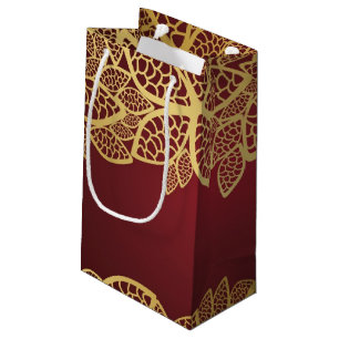 Sacola Para Presentes Pequena Laço dourado da folha no fundo vermelho