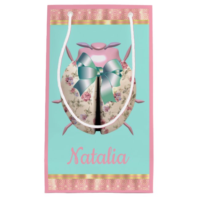 Sacola Para Presentes Pequena Ladybug rosa violeta azul-rosa floral (Frente)