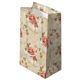 SACOLA PARA PRESENTES PEQUENA LÂMINAS DE PINTOS E FLORES DE COR DE ÁGUA LARANJA