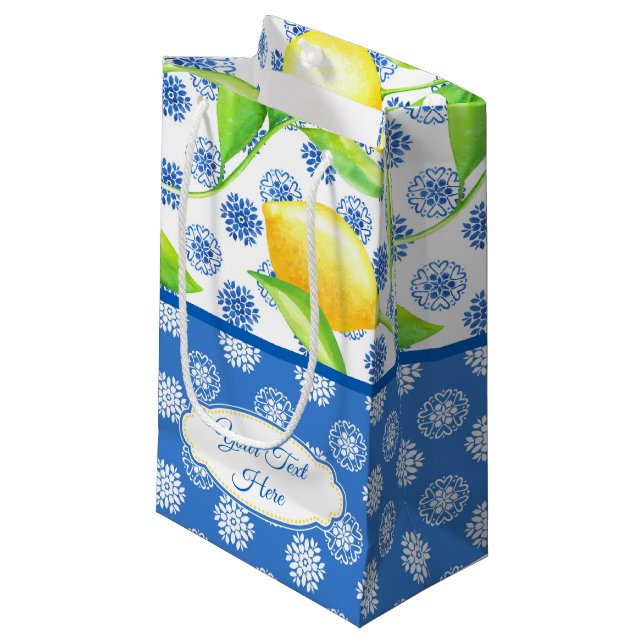 Sacola Para Presentes Pequena Lemon Personalizado e Azulejos Azuis (Frente inclinada)