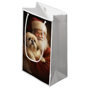 Sacola Para Presentes Pequena Lhasa Apso com Papai Noel Natal Festivo