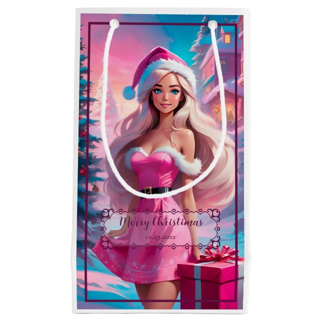 Sacola Para Presentes Pequena Linda garota de Natal rosa 01 (Frente)