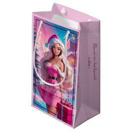 Sacola Para Presentes Pequena Linda garota de Natal rosa 01