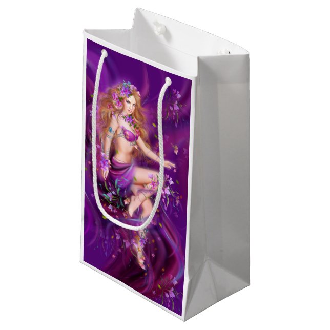 Sacola Para Presentes Pequena linda Mulher fantasma com flores roxas (Frente inclinada)