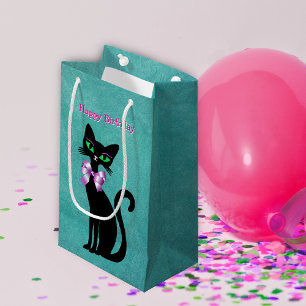 Sacola Para Presentes Pequena Lindo Gato Preto Aniversário Olhos Verdes Laço Ele