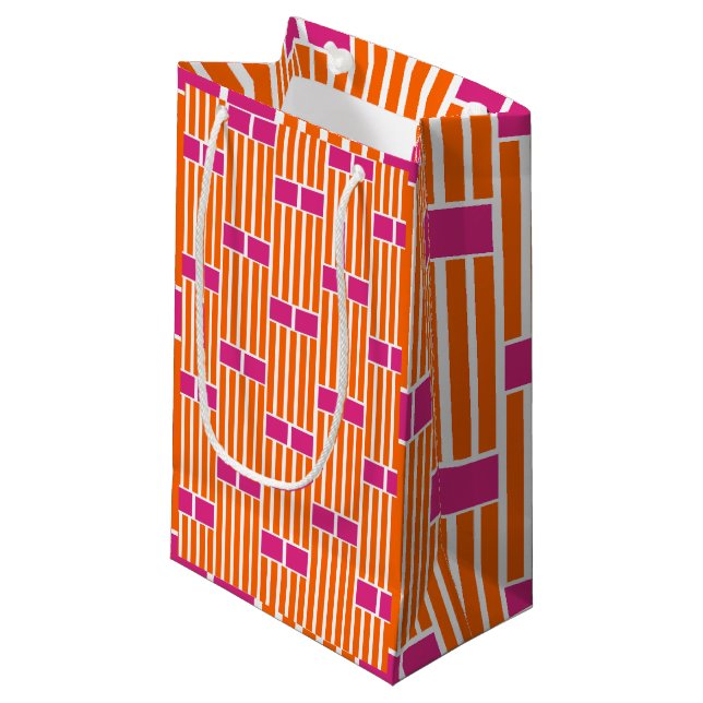 Sacola Para Presentes Pequena Linhas Laranja e Caixas Rosa (Frente inclinada)