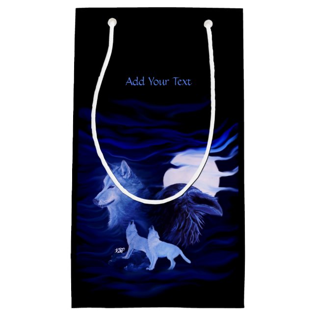 Sacola Para Presentes Pequena Lobos e Raven com lua de cheio (Frente)