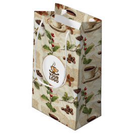 Sacola Para Presentes Pequena Logotipo da Loja com Padrão de Grãos de Café e Xíc