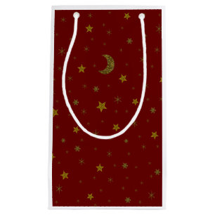 Sacola Para Presentes Pequena Lua Sparkly do Natal do ouro, estrelas no vermelho