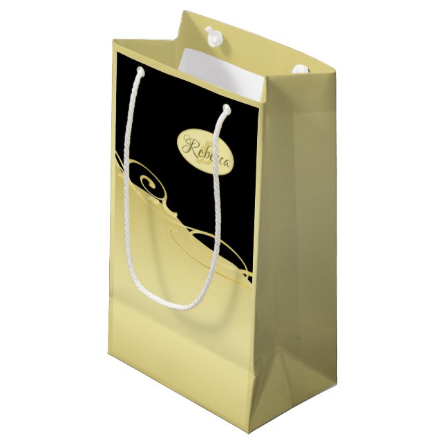 Sacola Para Presentes Pequena Luxo dourado decorativo em dourado e preto, Monogr (Frente inclinada)