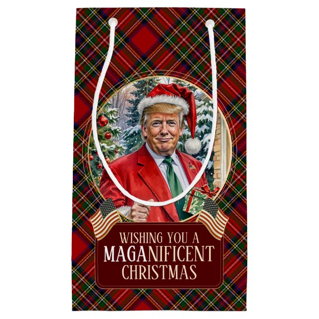Sacola Para Presentes Pequena MAGA Christmas Tartan Xadrez Papais noeis Trump (Frente)