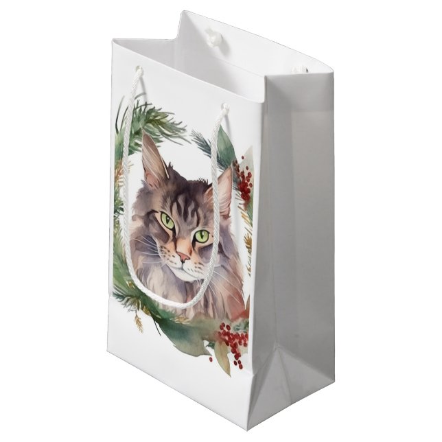 Sacola Para Presentes Pequena Maine Coon Cat Wreath Festivo Kitten (Frente inclinada)