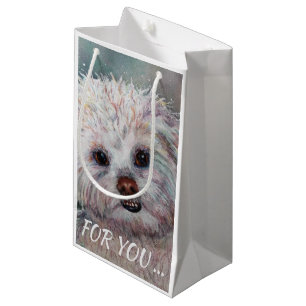 SACOLA PARA PRESENTES PEQUENA MALTESE BRANCO DOCE YORKIE MIX