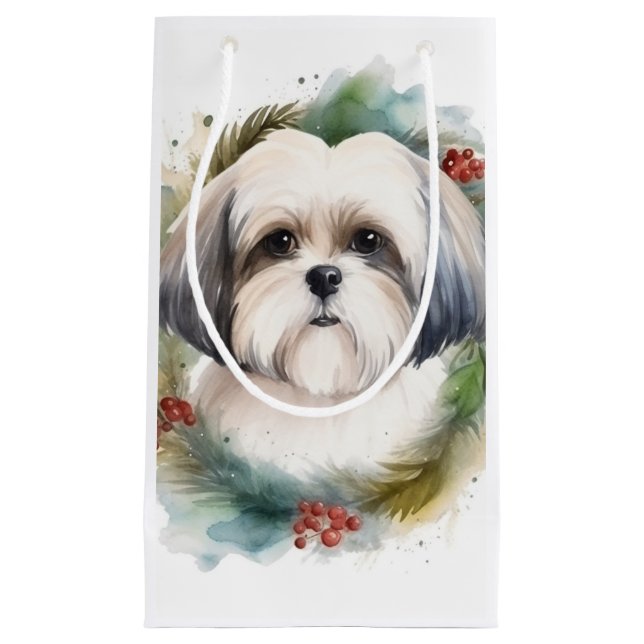 Sacola Para Presentes Pequena Malti Tzu Christmas Wreath Festivo Pup (Frente)