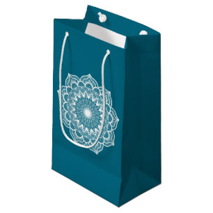 Sacola Para Presentes Pequena Mandala branca em fundo azul