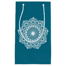 Sacola Para Presentes Pequena Mandala branca em fundo azul