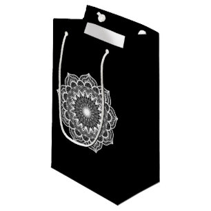 Sacola Para Presentes Pequena Mandala branca em fundo preto